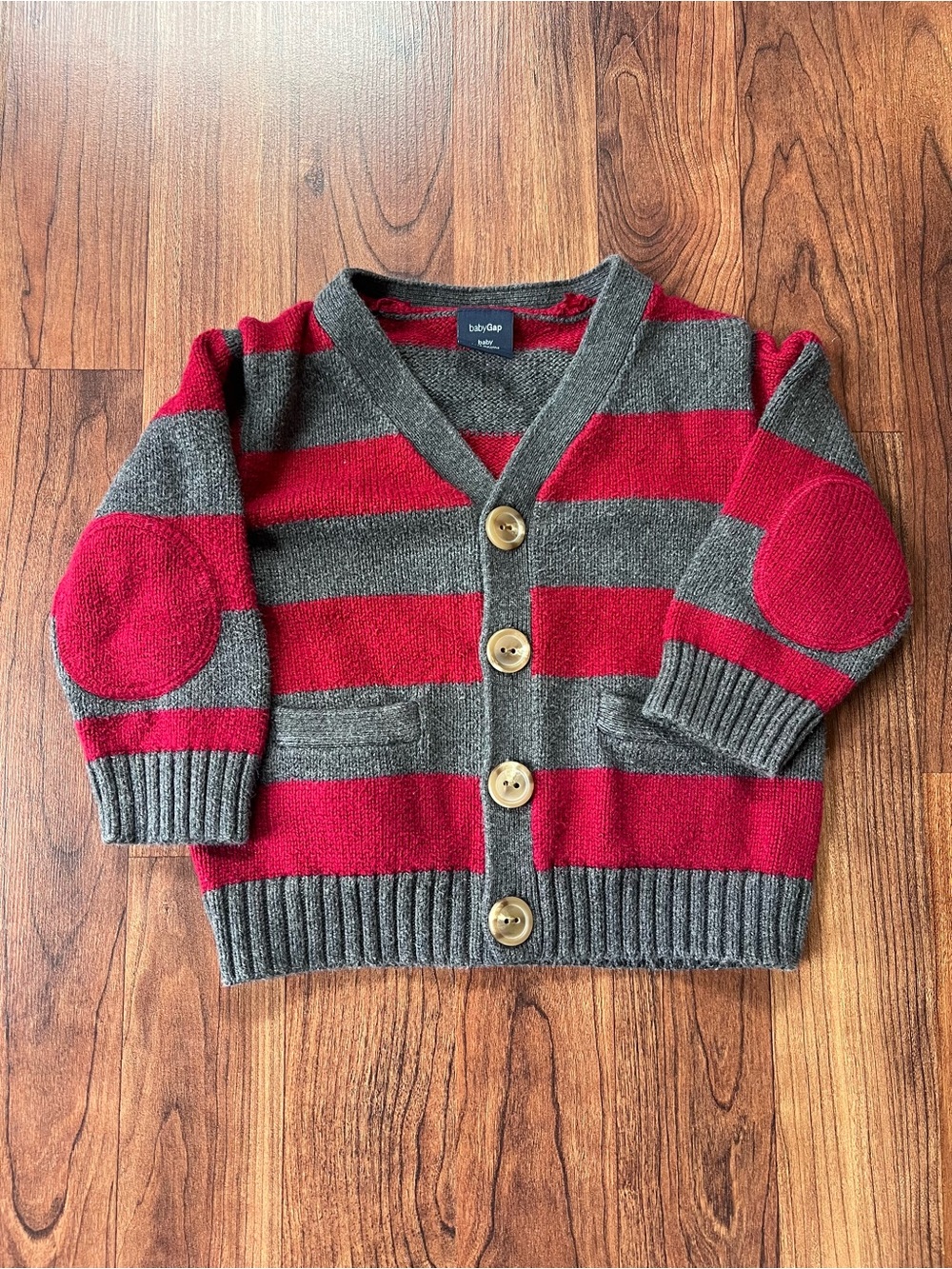 BabyGap 2009 Striped Elbow Patch Button-Up Cardigan Red & Gray